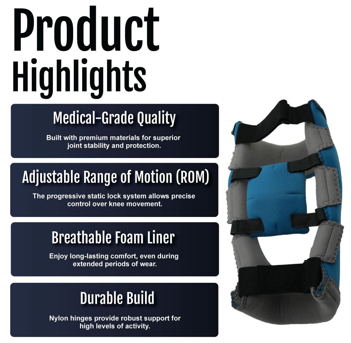 RCAI Premier Knee Orthosis featuring adjustable straps and black durable nylon braces, breathable foam liner, made in the.