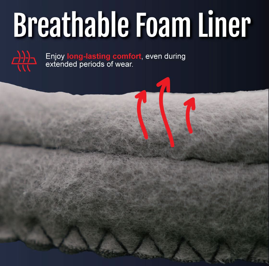Close-up of gray breathable foam liner with red arrows showing airflow, highlighting comfort and long-lasting wear for RCAI.