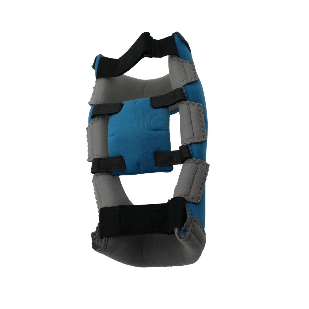 Adjustable blue and gray RCAI Premier knee orthosis with black straps, made in the USA, best orthopedic braces for B2B.