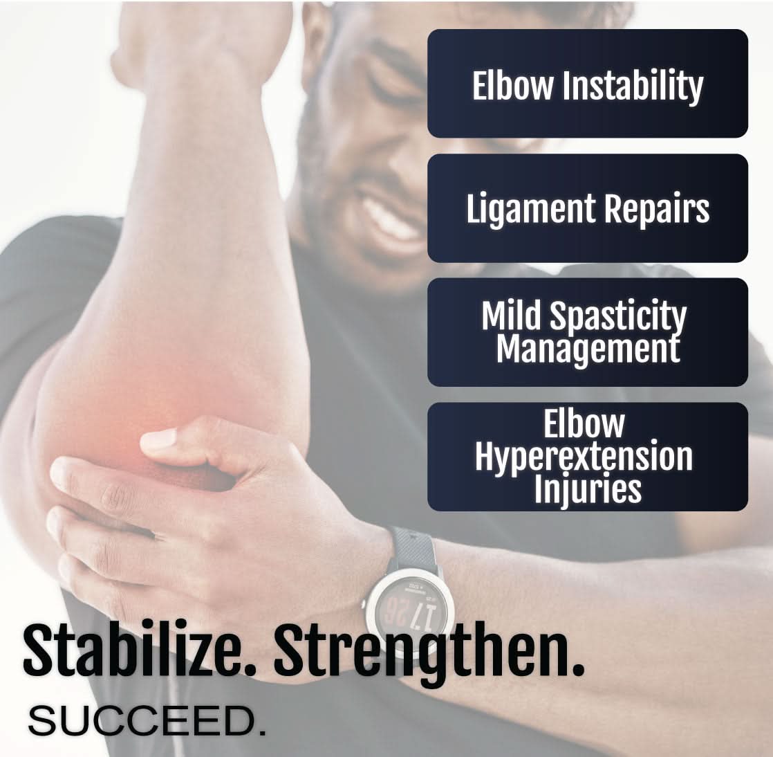 Premier elbow orthosis in black and gray neoprene with adjustable straps, worn on bent right arm, highlighting support for.