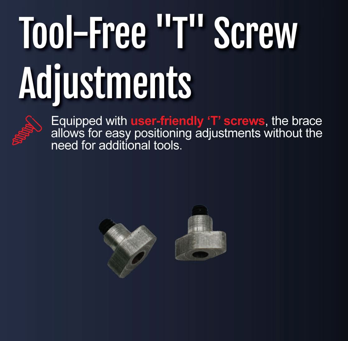 Close-up of two small metallic tool-free "T" screws for easy adjustment, highlighting user-friendly design, ideal for best.
