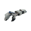Gray resting hand orthosis with adjustable hook-and-loop straps, padded blue inner lining, designed for right hand, made in.
