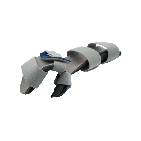 Gray resting hand orthosis with adjustable hook-and-loop straps, padded blue inner lining, designed for right hand, made in.