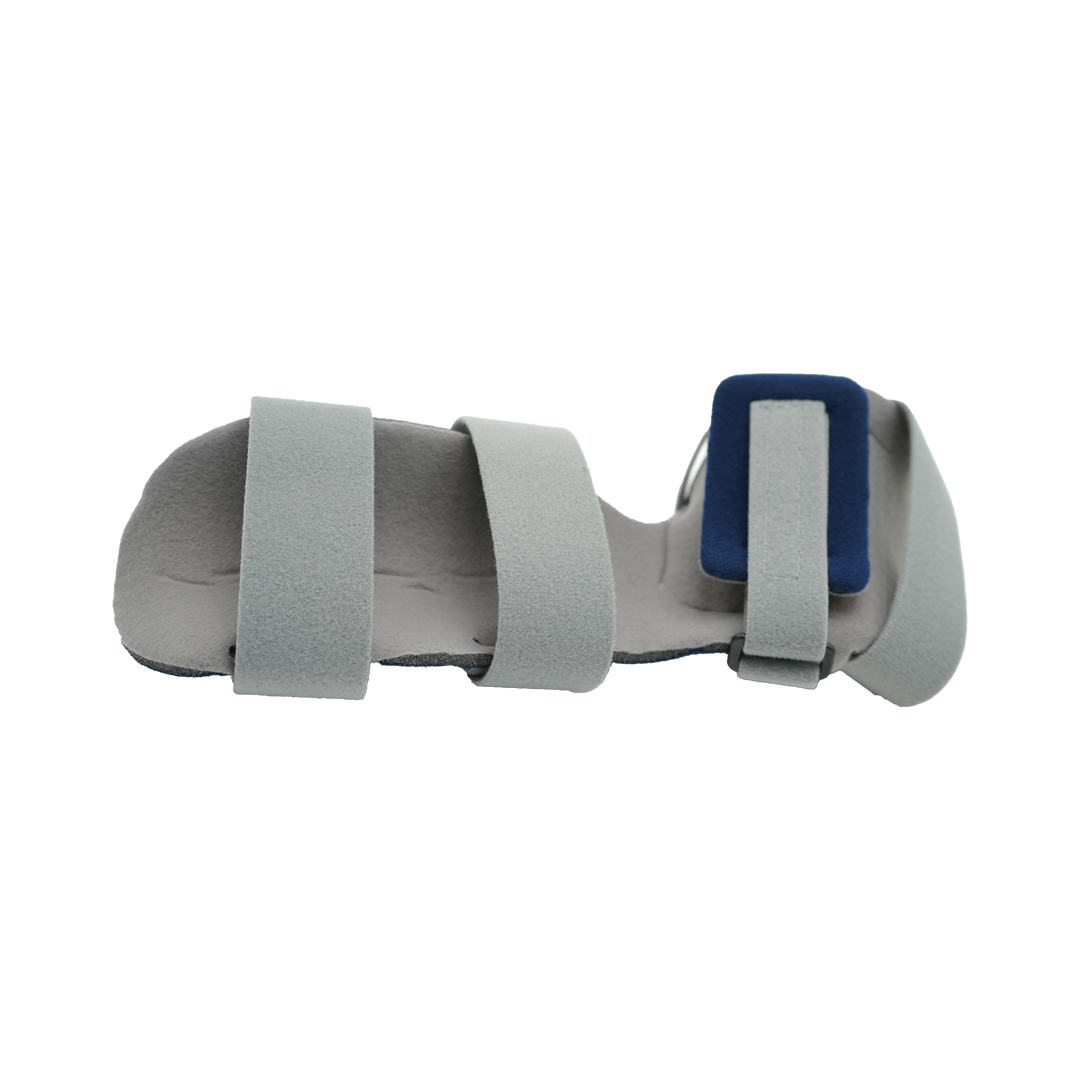Light gray resting hand orthosis with three adjustable straps and blue padded support, made in the USA, best orthopedic.