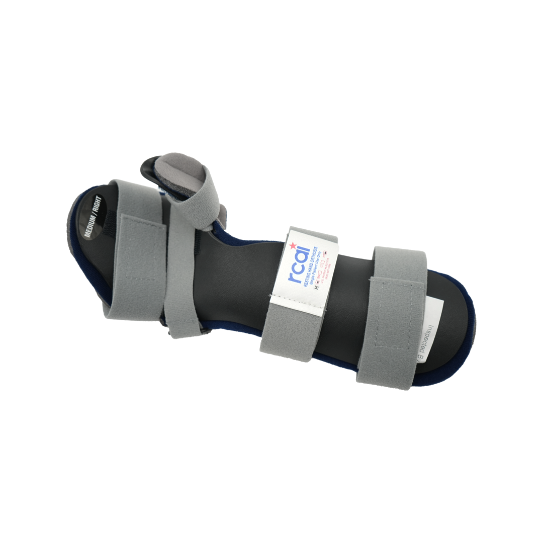 Resting hand orthosis in black with gray adjustable straps, made in the USA by RCAI, best orthopedic brace for B2B.
