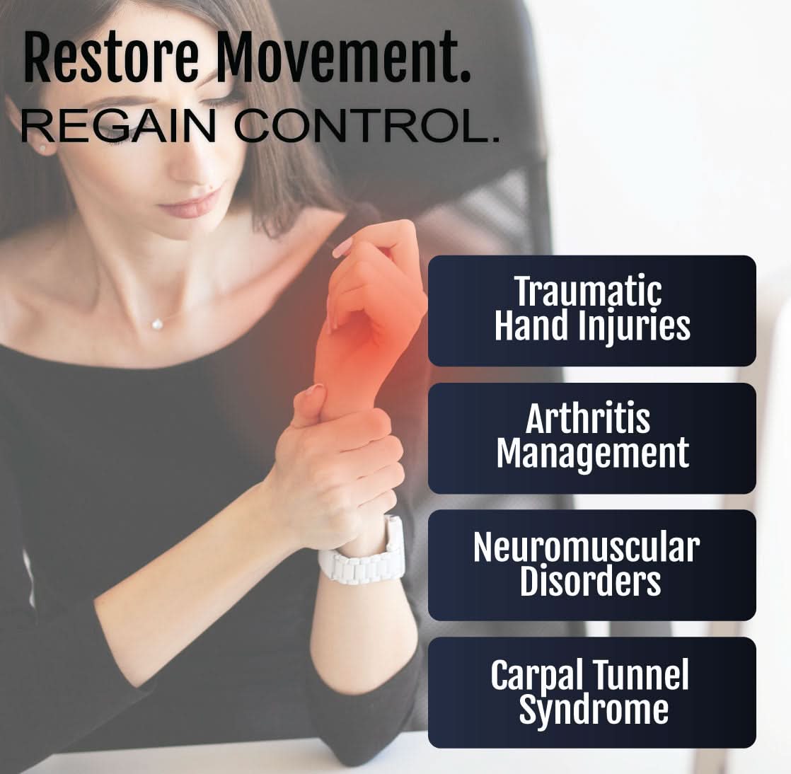 Woman wearing a black adaptable contour hand orthosis on left hand, designed for traumatic hand injuries and arthritis.