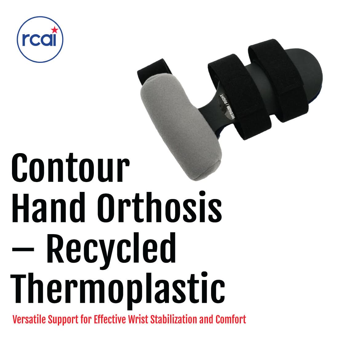 Grey Contour Hand Orthosis with black adjustable straps, made in the USA, designed for wrist stabilization, branded with.