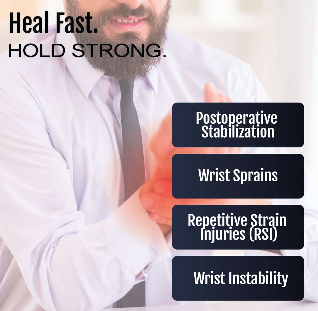 Bearded man wearing a white shirt and tie with a glowing orange heat effect around his wrist, highlighting postoperative.