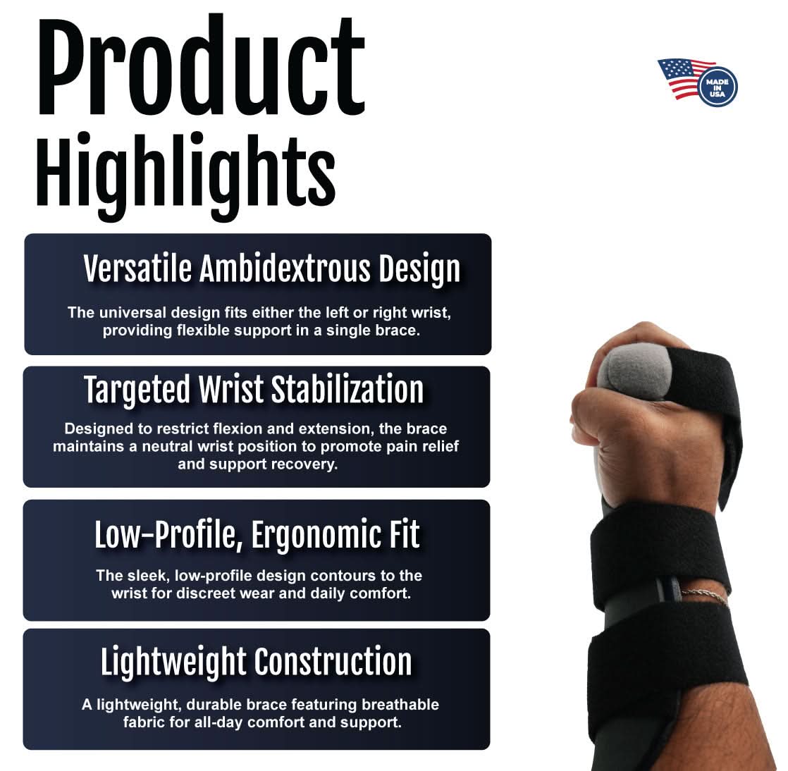 Black Contour Hand Recycled Thermoplastic brace wrapping wrist and lower palm, sleek low-profile ergonomic fit, made in the.