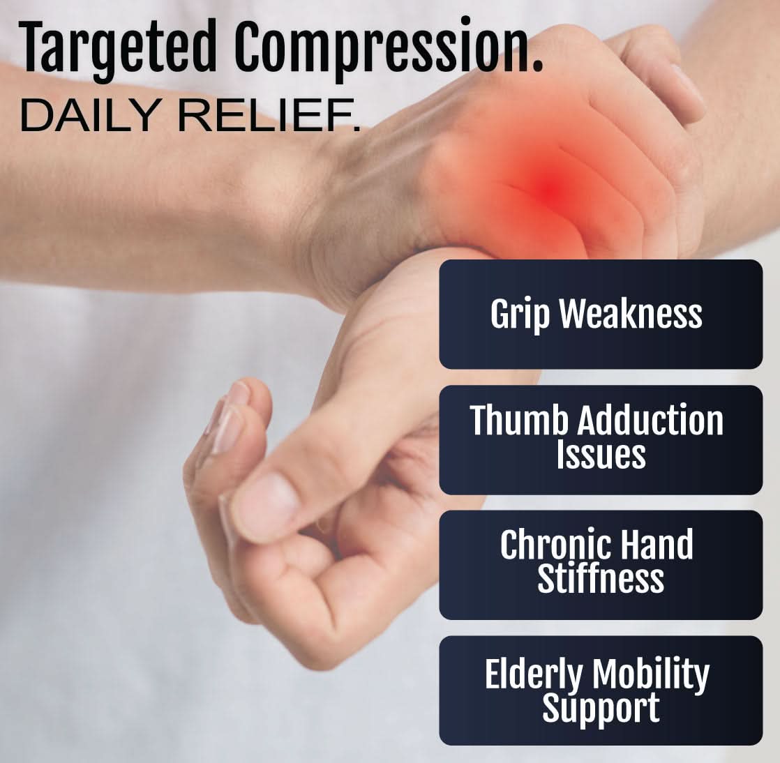 Hand with highlighted red area on thumb and wrist, illustrating grip weakness and stiffness relief from RCAI adaptable.