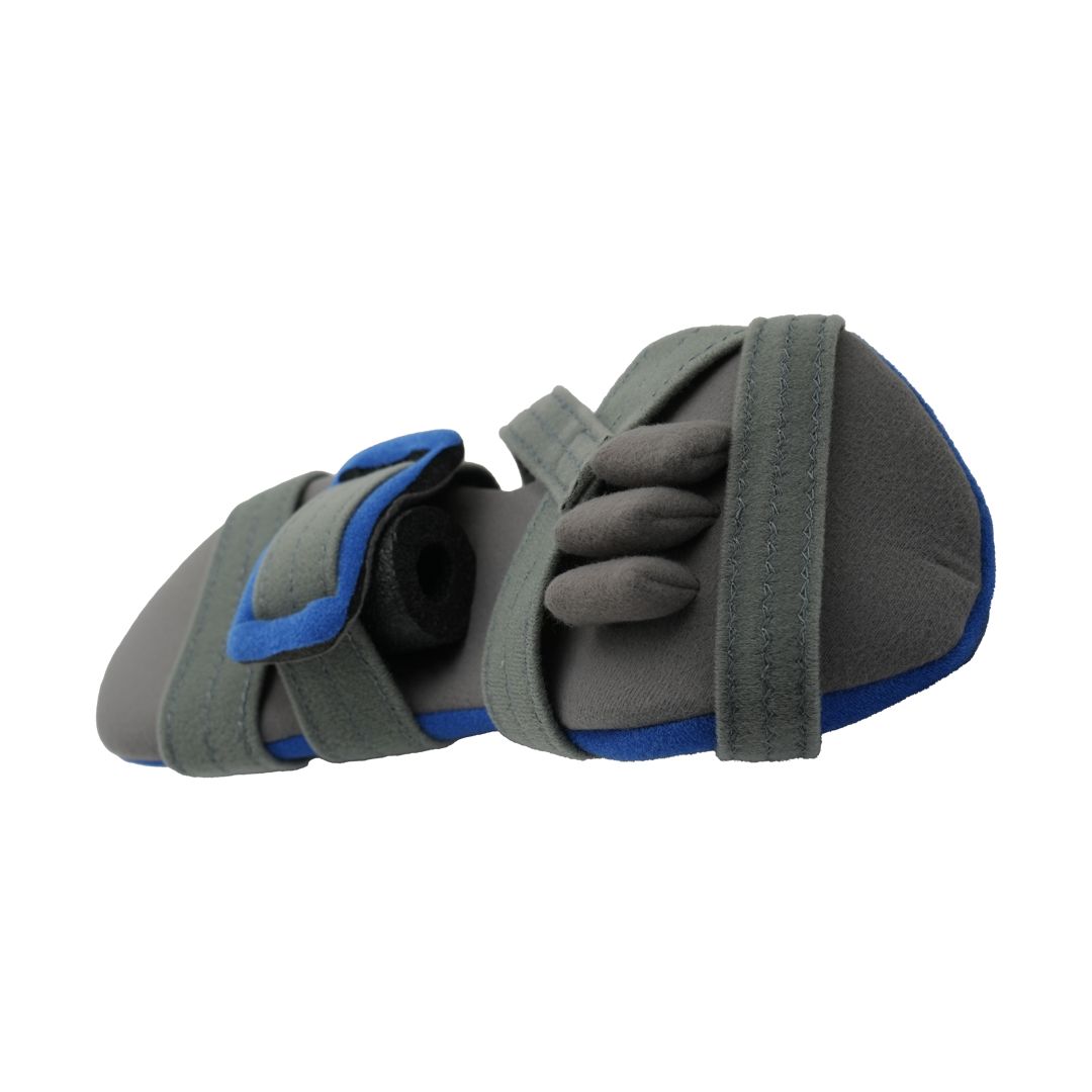 Gray and blue RCAI adaptable geriatric hand brace with finger, thumb, and wrist support, made in the USA, best orthopedic.
