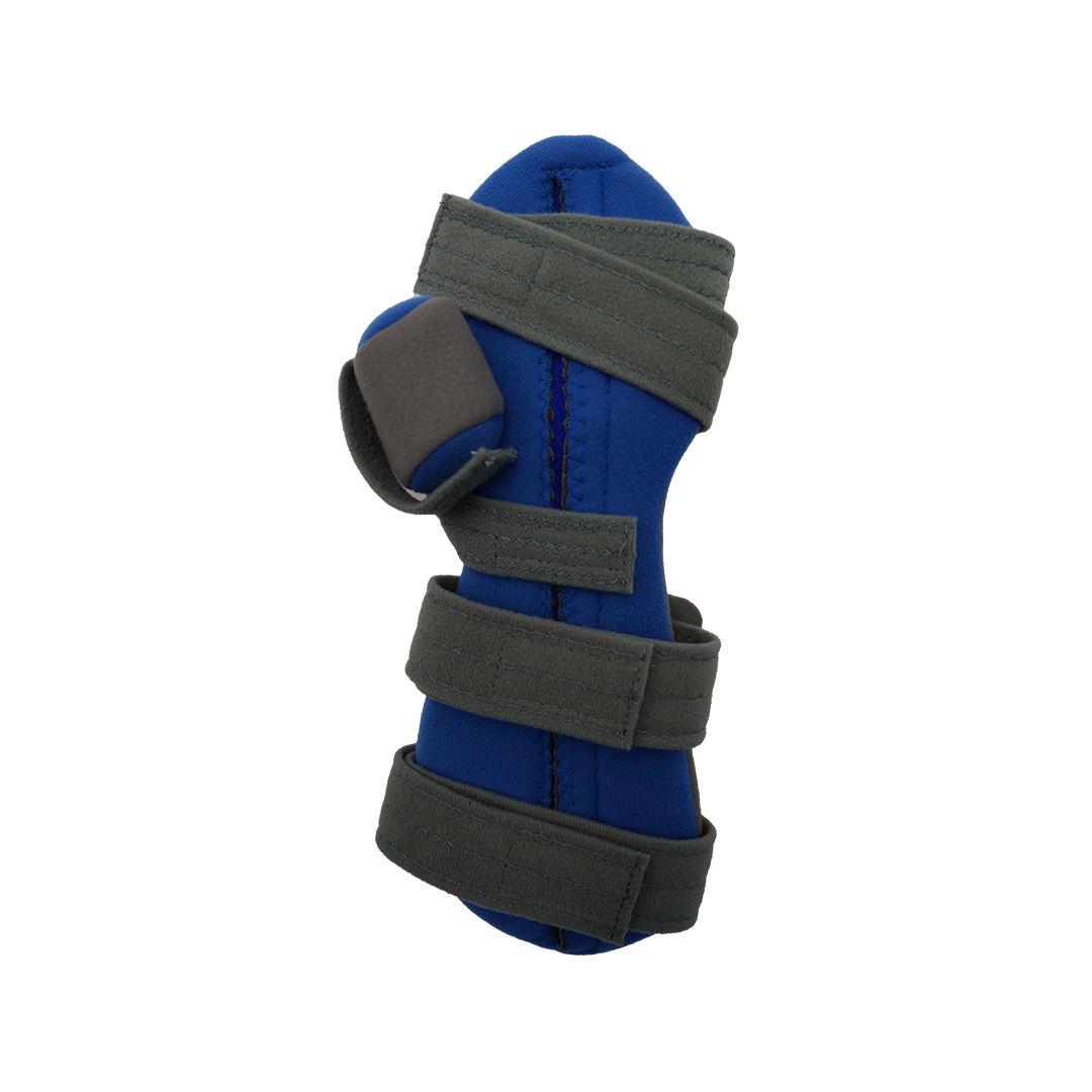 Blue adaptable geriatric hand accessory with gray adjustable straps, made in the USA, best orthopedic braces by RCAI, ideal.