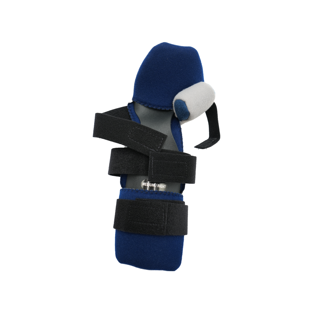 Blue and gray RCAI geriatric hand orthosis with adjustable black straps, made in the USA, designed for B2B orthopedics.