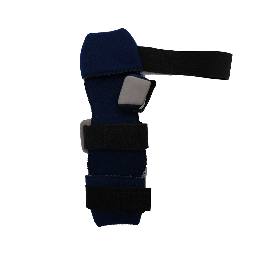 Blue geriatric hand orthosis with black adjustable straps and gray supports, made in the USA, RCAI, best orthopedic braces.