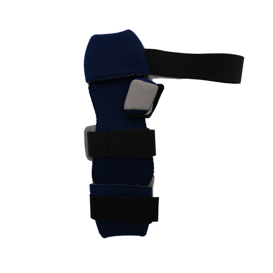 Blue geriatric hand orthosis with black adjustable straps and gray supports, made in the USA, RCAI, best orthopedic braces.