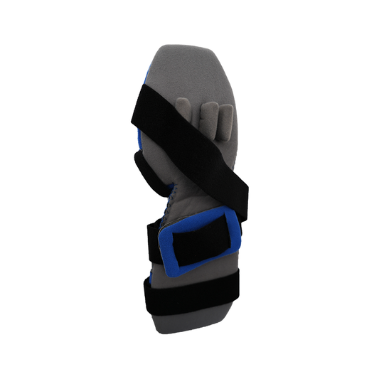 Gray geriatric hand orthosis with blue finger separation accessory, black adjustable straps, made in the USA, best.