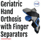 RCAI geriatric hand orthosis in black and gray with blue finger separators, adjustable straps, made in the USA, best.