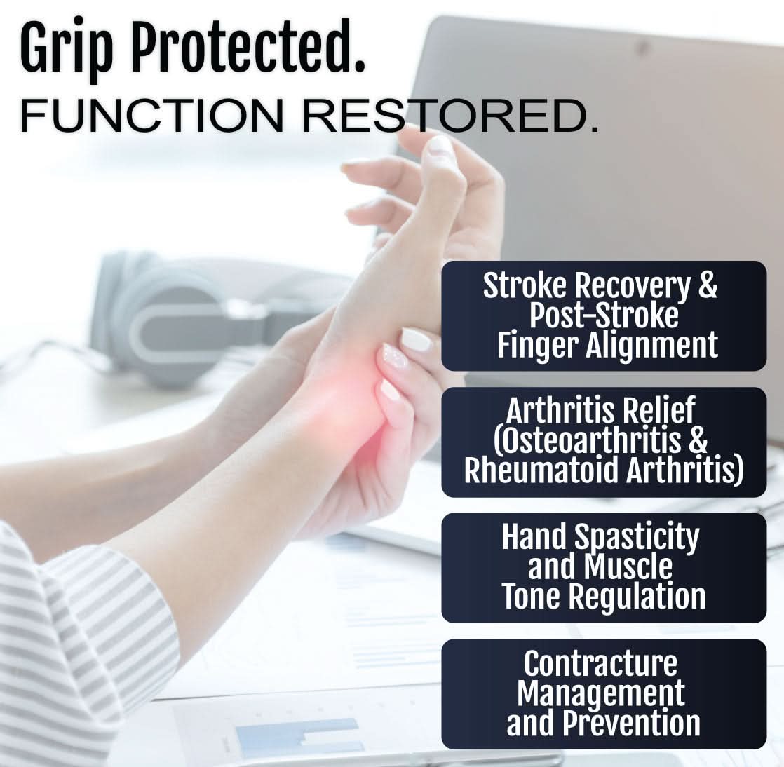 Hand wearing an RCAI geriatric orthosis with finger separators in white fabric, highlighting finger alignment and grip.