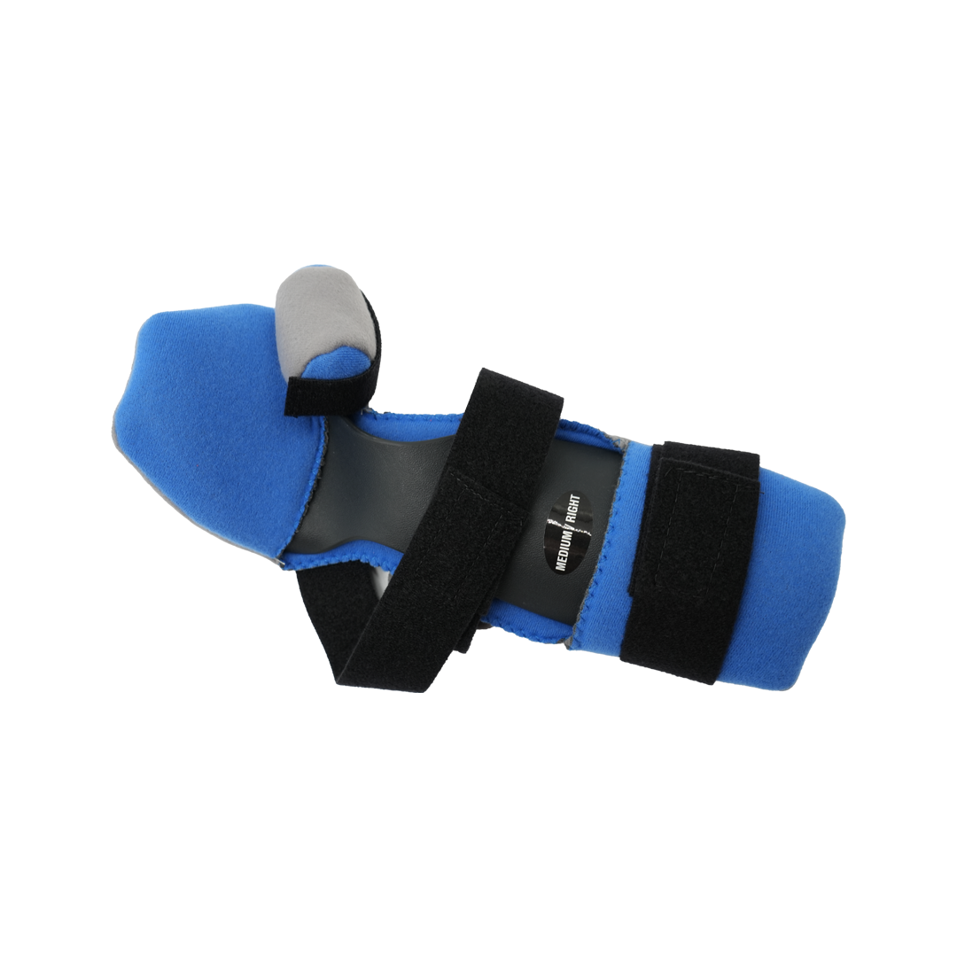 Blue RCAI geriatric hand orthosis with finger separators, black adjustable straps, made in the USA, best orthopedic braces.