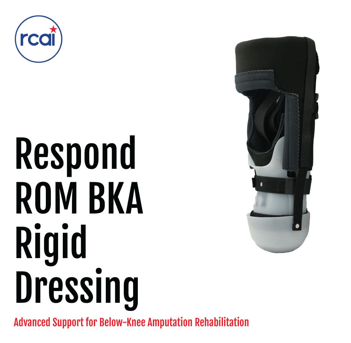 Black Respond ROM BKA rigid dressing brace with adjustable straps and padded lower section, made in the USA, RCAI best.