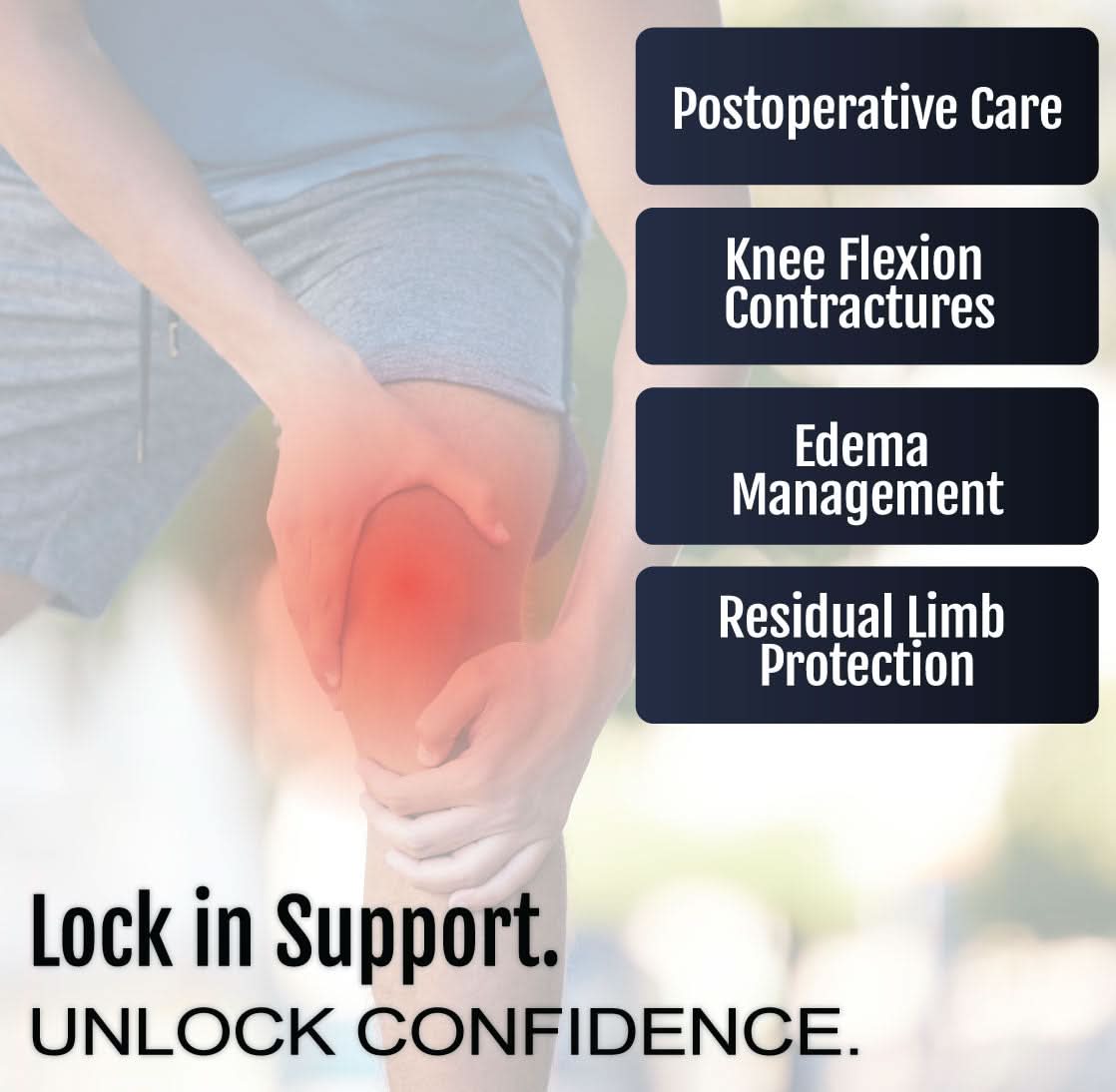 Knee wrapped in blue Respond ROM BKA rigid dressing highlighting postoperative care, knee flexion contractures, edema.