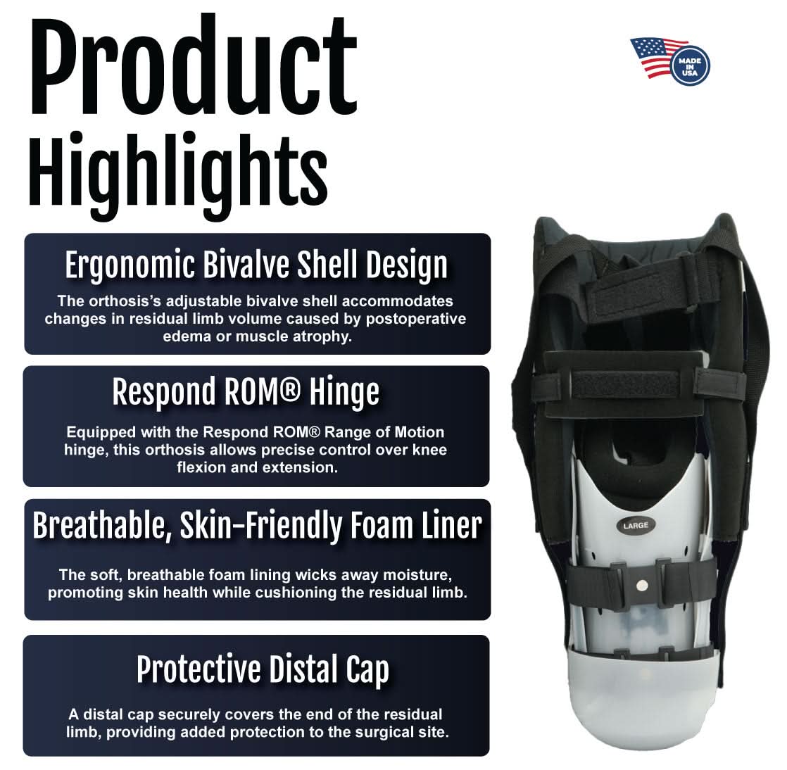Black Respond ROM BKA rigid dressing with ergonomic bivalve shell, breathable foam liner, and protective distal cap, labeled .
