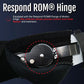 Close-up of Respond ROM BKA Rigid Dressing hinge with black padded fabric and silver adjustable metal joint, made in the.