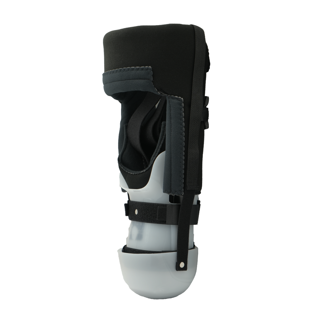 Black and gray Respond ROM BKA rigid dressing with adjustable straps and molded support, made in the USA, best orthopedic.