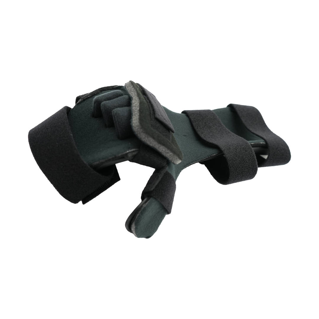 Neutral thumb resting hand orthosis in black and gray with adjustable straps and finger separators, made in the USA, RCAI,.