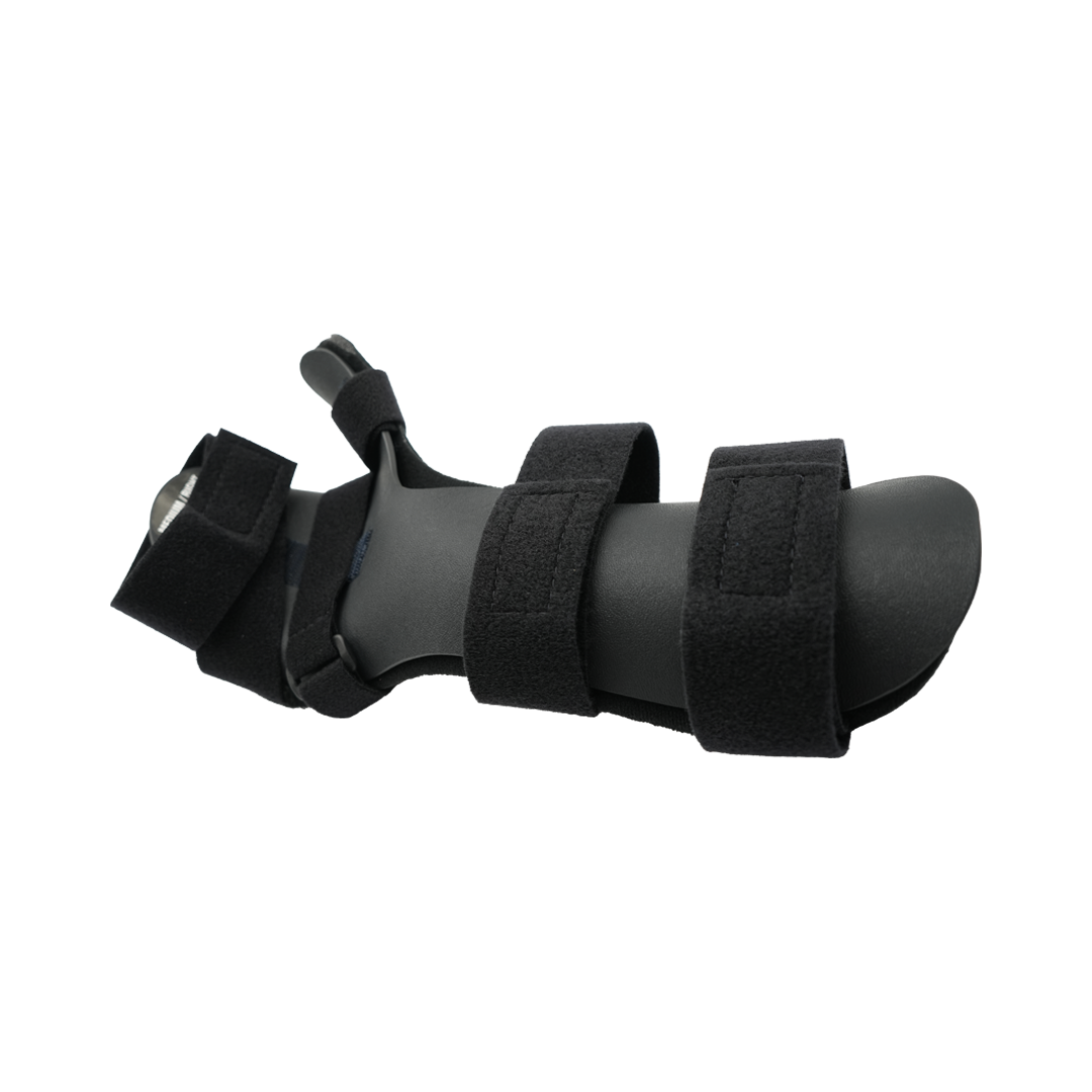 Black neutral thumb resting hand orthosis with finger separators, adjustable Velcro straps, made in the USA, best orthopedic .