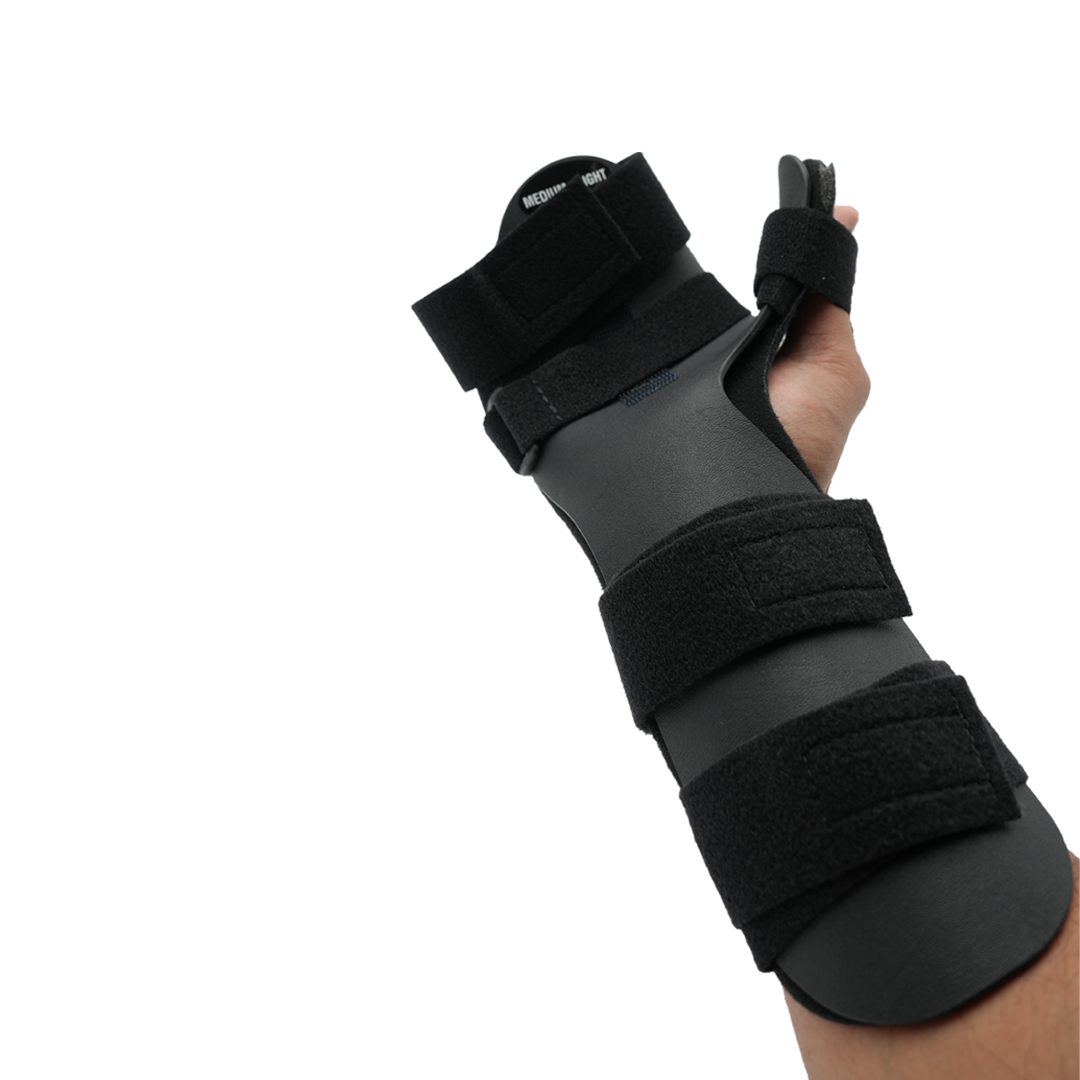 Black neutral thumb resting hand orthosis with finger separators, adjustable velcro straps, made in the USA, best orthopedic .