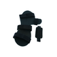 Black neutral thumb resting hand orthosis with three adjustable straps and a separate small strap accessory, made of soft,.