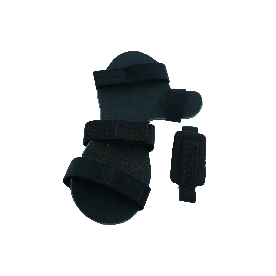 Black neutral thumb resting hand orthosis with three adjustable straps and a separate small strap accessory, made of soft,.