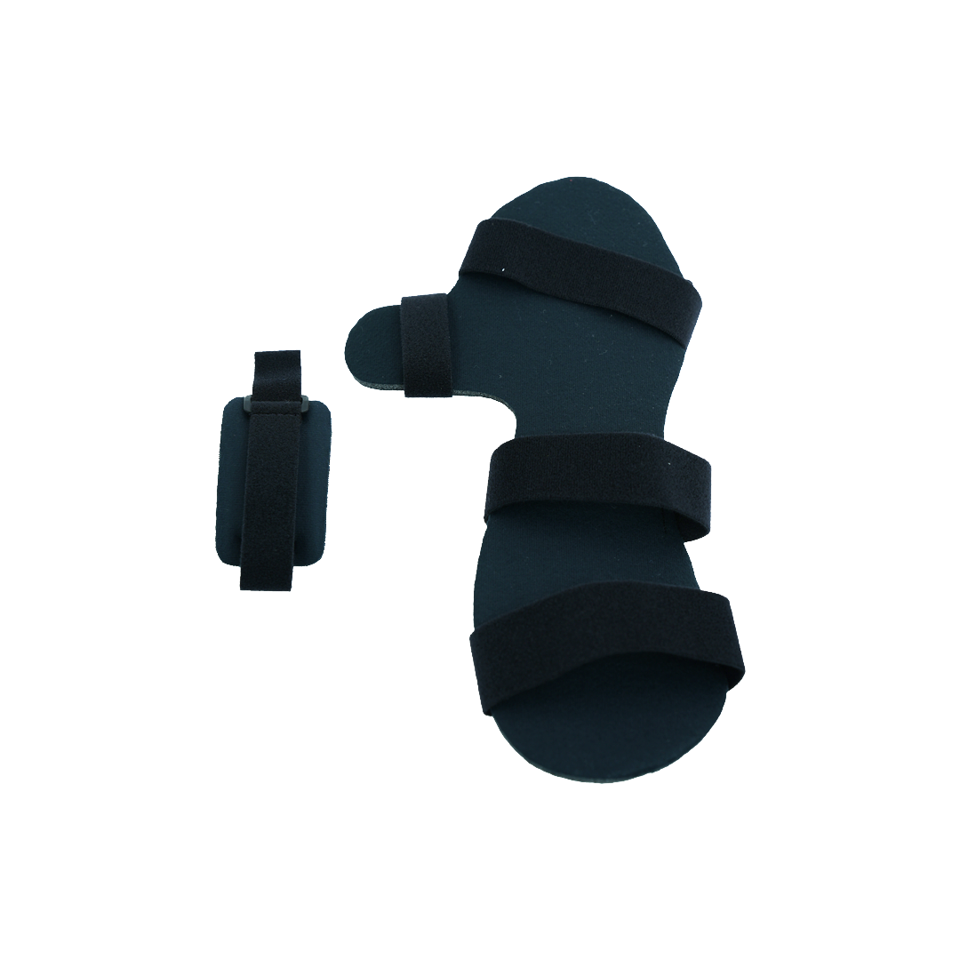 Black padded thumb and hand orthosis with three adjustable straps and soft cushioning for support and comfort.
