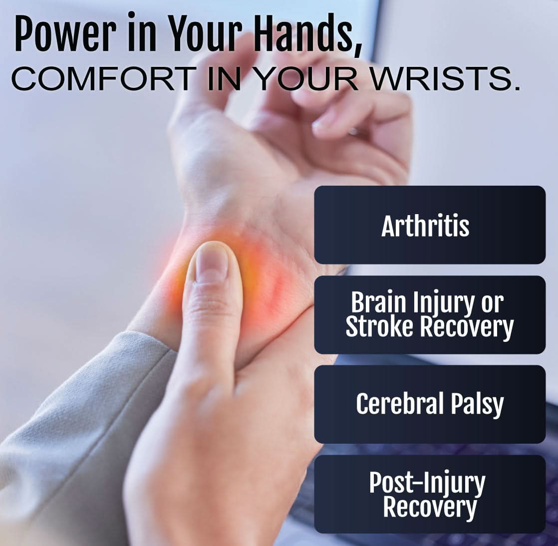 Hand wearing neutral thumb resting hand orthosis with finger separators, highlighting comfort for arthritis, brain injury,.