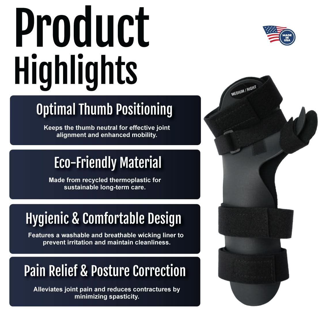 Black neutral thumb resting hand orthosis with adjustable strap, made in the USA, eco-friendly material, designed for.