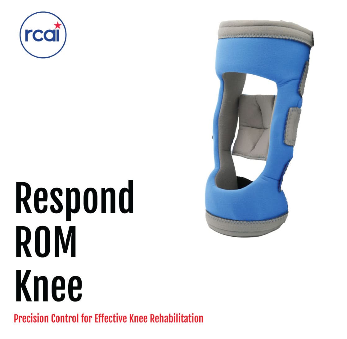 Blue and gray Respond ROM Knee brace with adjustable straps, made in the USA, best orthopedic braces by RCAI for B2B.