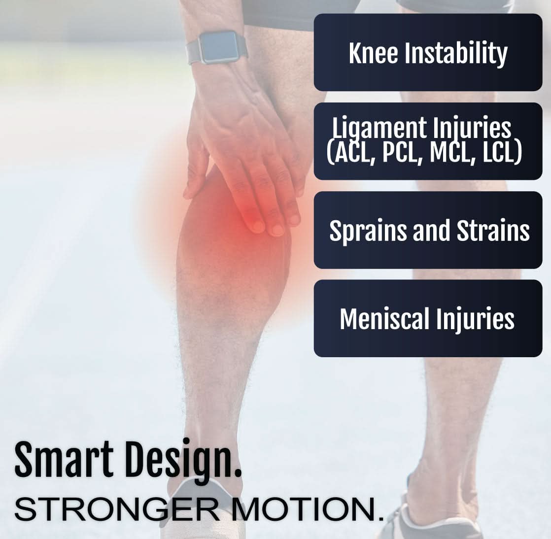 Black Respond ROM Knee brace on bent leg highlighting knee joint with text for ACL, PCL, MCL, LCL injuries, made in the USA, .
