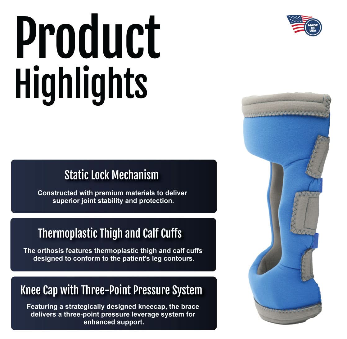 Respond ROM Knee brace product highlights with Made in the USA logo, Static Lock mechanism, thermoplastic thigh and calf.