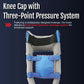 Blue Respond ROM Knee brace with black straps and padded knee cap featuring three-point pressure system, made in the USA,.