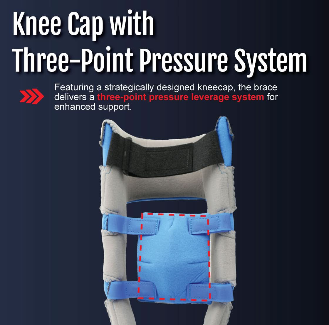 Blue Respond ROM Knee brace with black straps and padded knee cap featuring three-point pressure system, made in the USA,.