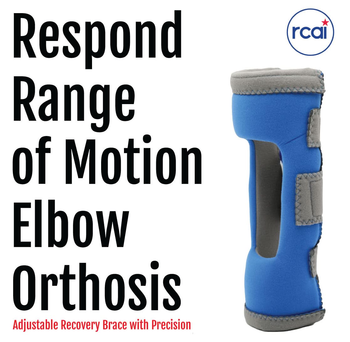 Blue RCAI Respond ROM elbow orthosis with gray adjustable straps and black hinge, made in the USA, best orthopedic brace for .