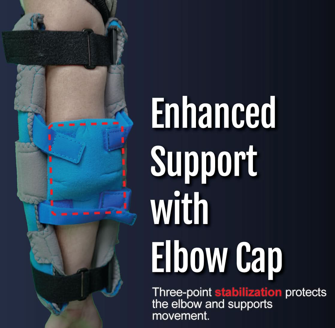 Adjustable RCAI Respond ROM elbow orthosis in gray and blue with padded elbow cap, Velcro straps for secure fit, made in the .