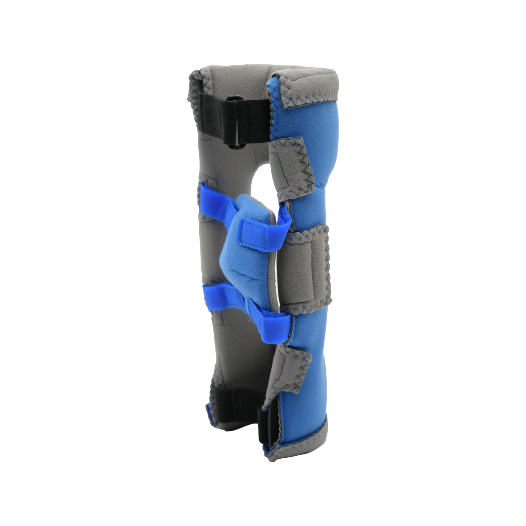 Adjustable RCAI Respond ROM elbow orthosis brace in blue and gray with black straps, made in the USA, ideal for B2B.