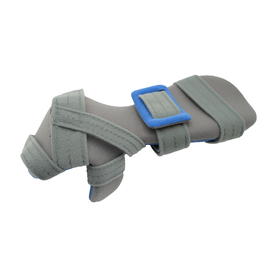 Gray RCAI adaptable resting hand brace with blue padded strap, adjustable for left or right hand, made in the USA, best.