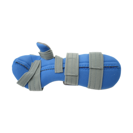 Blue adaptable resting hand brace with gray adjustable straps, made in the USA, RCAI orthopedic support, ideal for B2B.