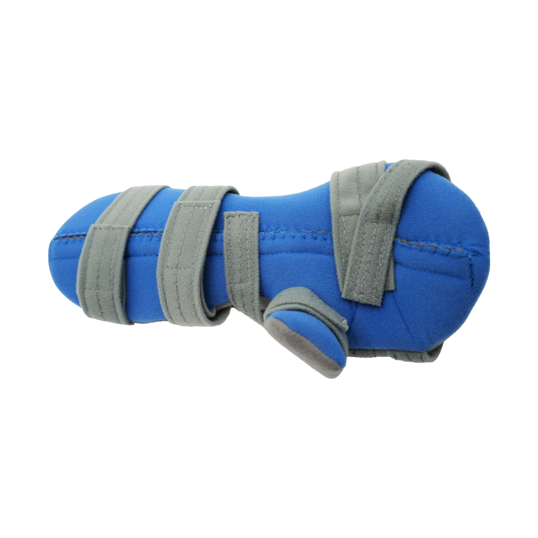 Blue RCAI adaptable resting hand orthopedic brace with gray adjustable straps, made in the USA, ideal for B2B orthopedics.