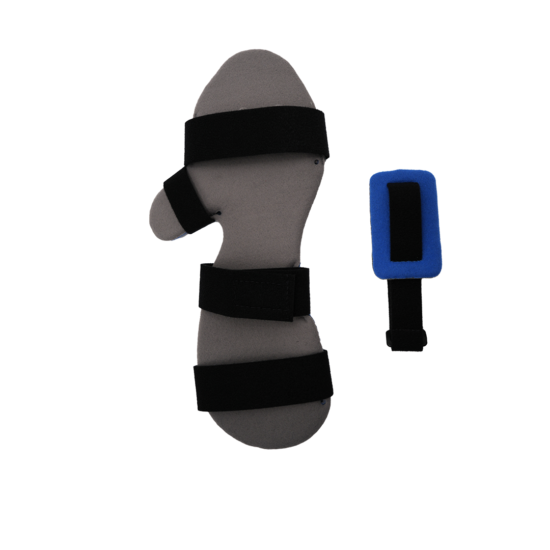 Gray resting hand orthosis with three black adjustable straps and separate blue finger separator accessory, made in the USA.