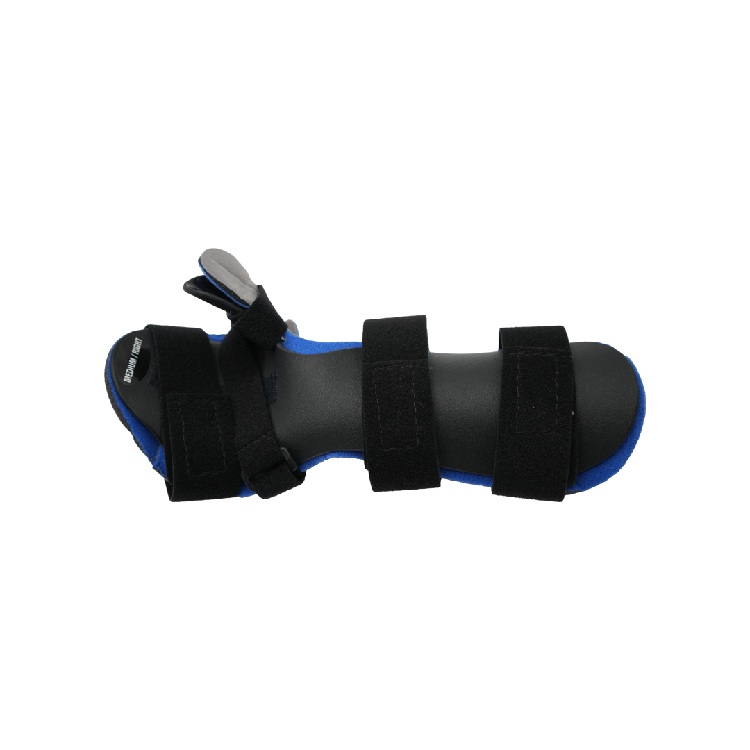 Black resting hand orthosis with blue inner lining and finger separators, secured by three adjustable black straps, made in.