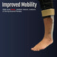RCAI semi-rigid ankle foot orthosis in black with beige adjustable straps, worn on left foot, made in the USA, B2B.